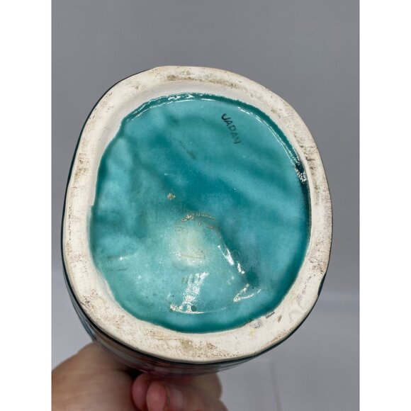 MCM Japan Turquoise & Cobalt Blue Floral Ceramic Pitcher Vase 7.5" With Handle - Picture 6 of 11